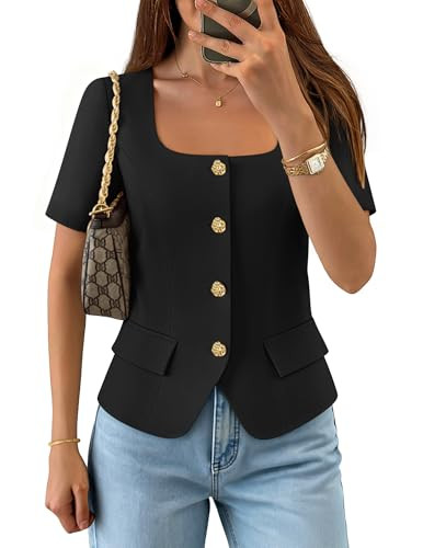 Amazon.com: ZESICA Women's Trendy Vests Top 2026 Spring Summer Square Neck Short Sleeve Blazer Su... | Amazon (US)