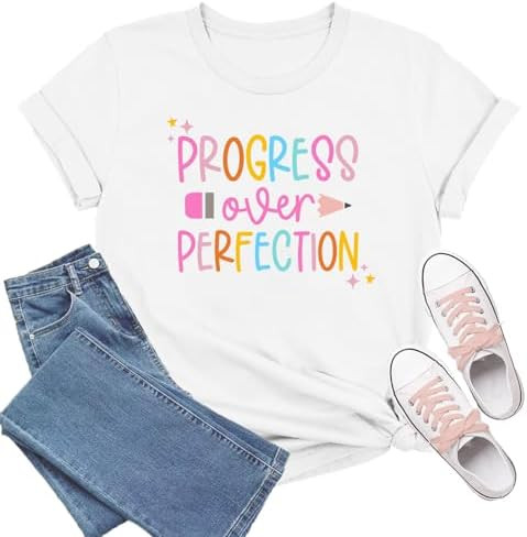 Teacher Shirts for Women Teaching T-Shirt Progress Over Perfection Tee Tops | Amazon (US)