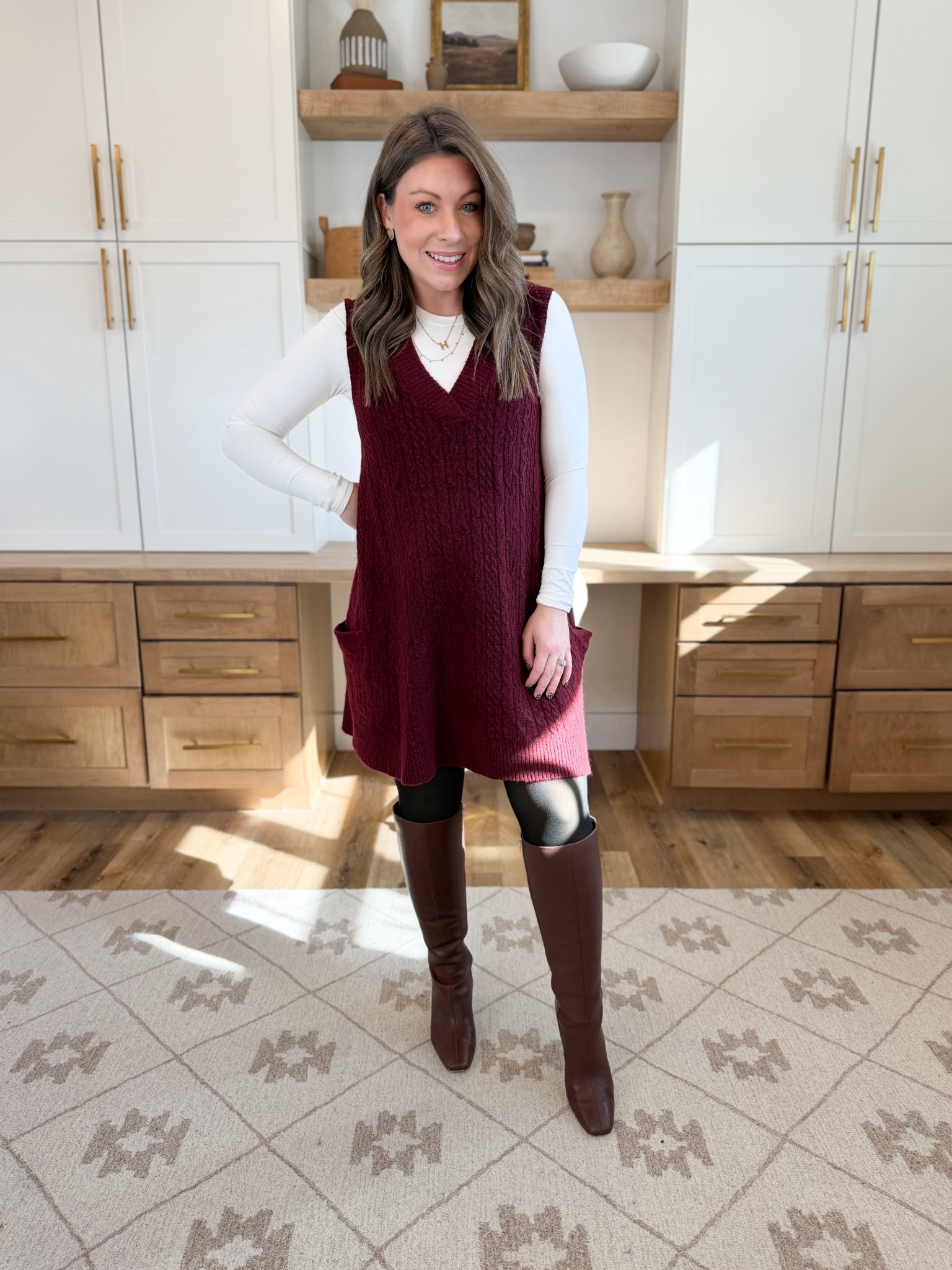 Amazon cable knit sweater dress that is soft and stretchy! Layered with my favorite basic tee underneath! 

#LTKSeasonal #LTKHoliday #LTKU