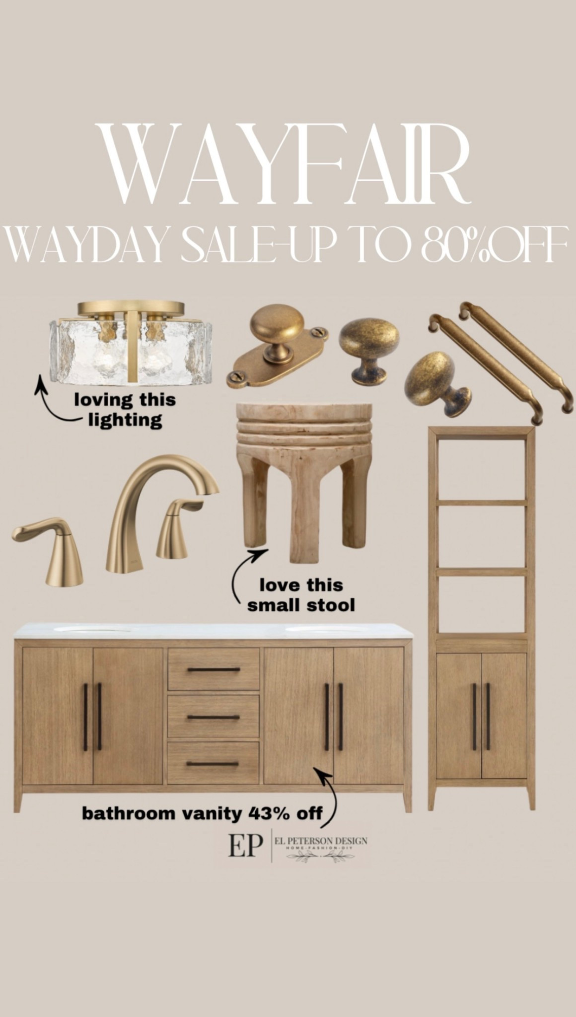 Wayfair wayday sale
Bathroom vanity
Bathroom shelf
Bathroom faucet
Lighting
Stool
Knob
Pulls 

#LTKHome #LTKSaleAlert
