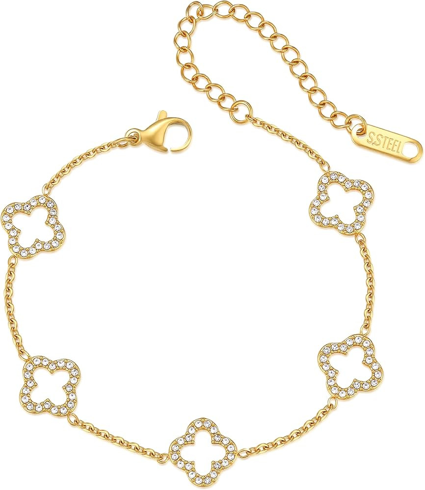 CLAIRETTE Premium PVD Gold-Plated Clover Lucky Bracelet for Women Flower Four Leaf Link Bracelets... | Amazon (US)