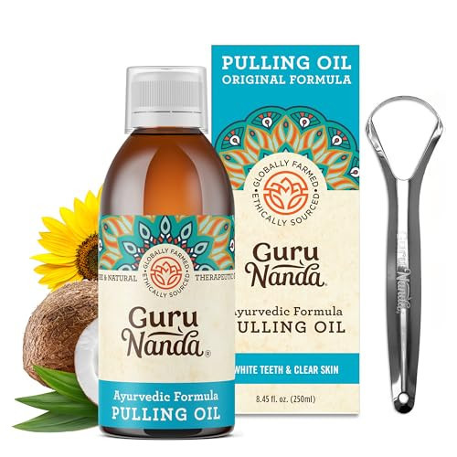 GuruNanda Original Oil Pulling Mouthwash, Promotes Deep Cleaning, with Coconut & Sesame for Teeth & Gum Health & Fresh Breath, with Tongue Scraper, Alcohol-Free, 8.45 Fl Oz | Amazon (US)