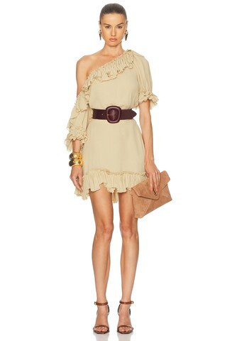 Saint Laurent One Shoulder Mini Dress in Beige | FWRD 