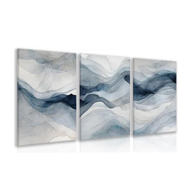 Framed Blue Gray Abstract Wall Art, Modern Minimalist Waves Wall Decor, Neutral Watercolor Line Canvas Paintings, Navy Blue Watercolor Poster Prints F | Wayfair North America