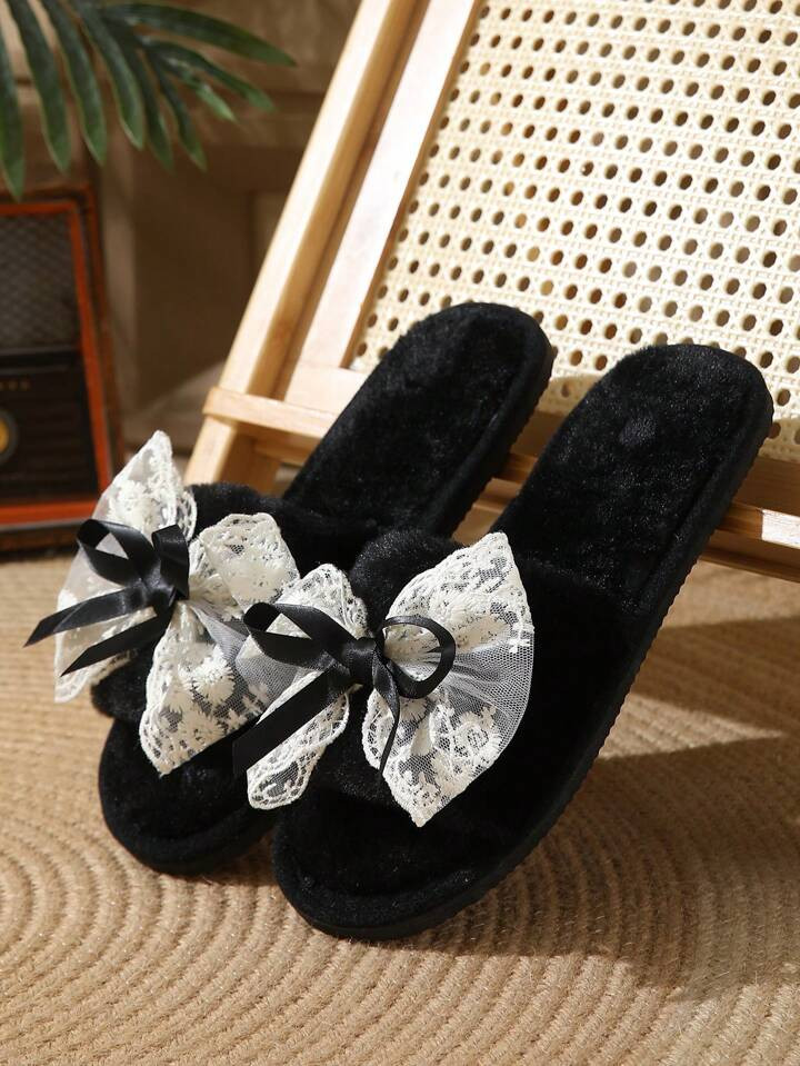 Women's Bowknot Furry Slippers, Spring/Autumn/Winter, Silent & Lightweight, Suitable For Home And... | SHEIN