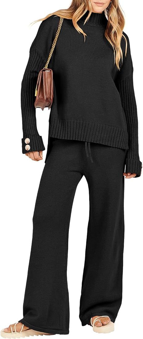 ANRABESS Women's Two Piece Outfits Sweater Sets Long Sleeve Knit Pullover and Wide Leg Pants Loun... | Amazon (US)