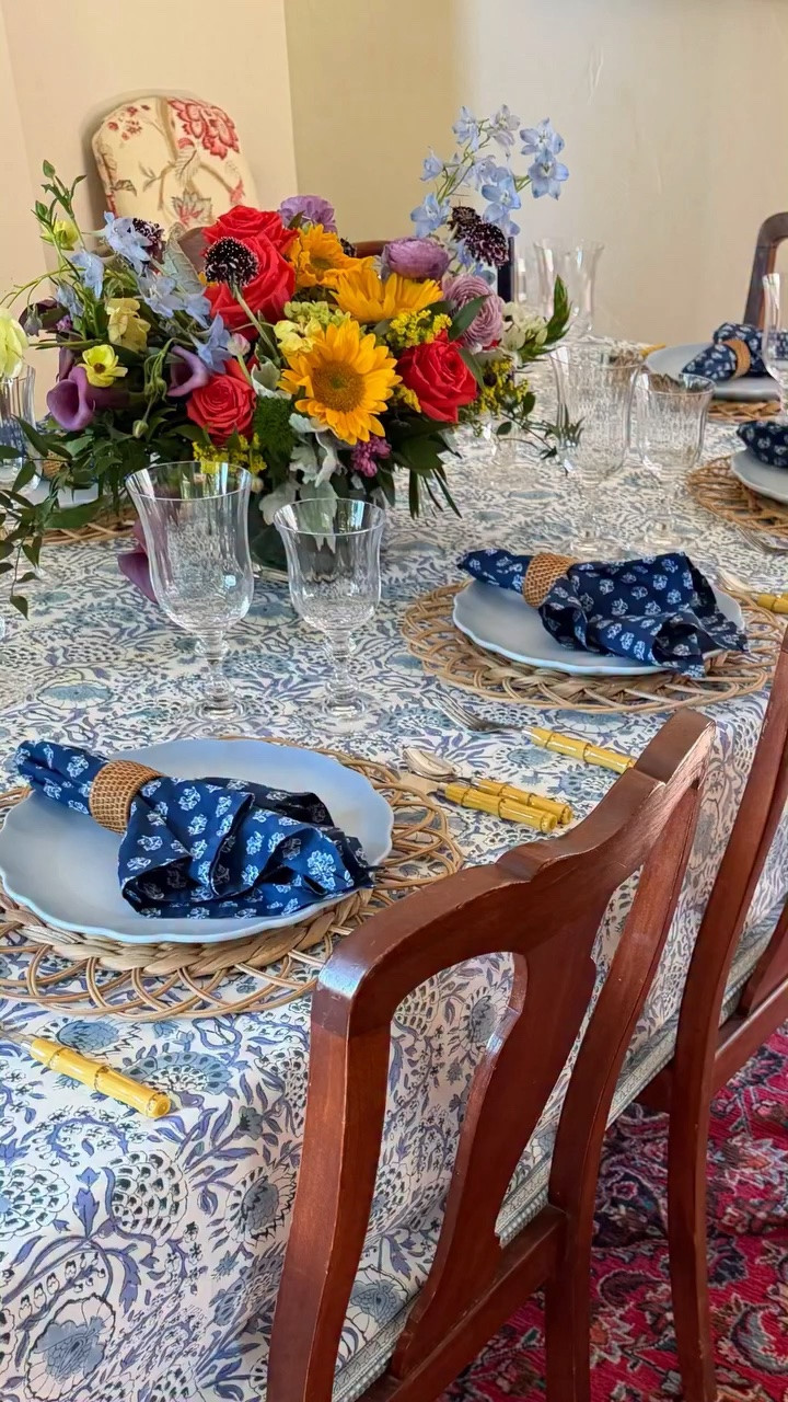 Today I’m sharing a simple blue and white table with the prettiest florals. 

When a friend sent me the most beautiful flower arrangement- of course I had to create a pretty table with it.

The blue and white tablecloth from @cottonprintclub is one you’ve seen before. I’ve used it for a bridal luncheon, Christmas, Easter and patriotic tables. It’s so versatile and one of my favorites. 

I added simple plates and blue block print napkins so the flowers would shine.

Flowers are my love language!  Do you have fresh flowers in your home?♥️