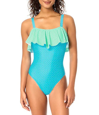 Twin Dots Ruffle Straight Neck One Piece Swimsuit | Dillard's