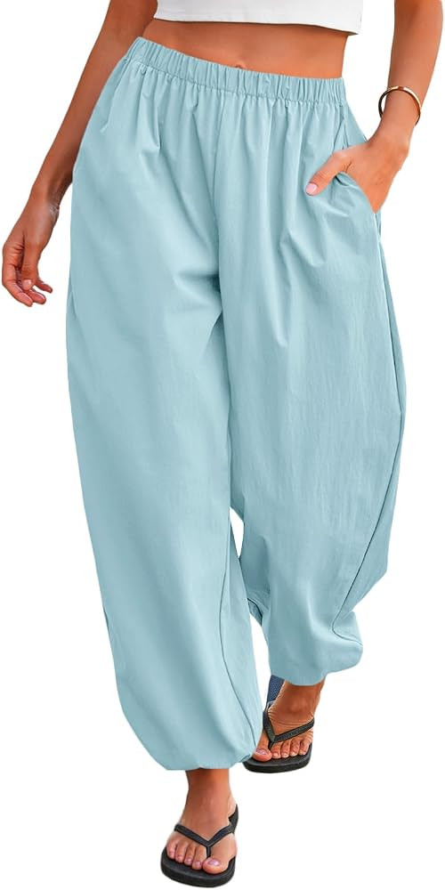 Tankaneo Womens Balloon Pants Trendy Casual Elastic Waist Wide Leg Harem Pants Baggy Pleated Lant... | Amazon (US)