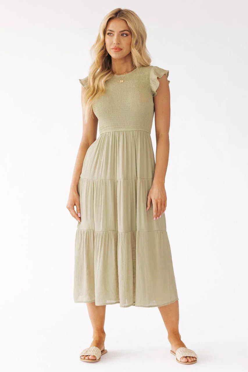 Light Olive Tiered Midi Dress | Magnolia Boutique | Magnolia Boutique