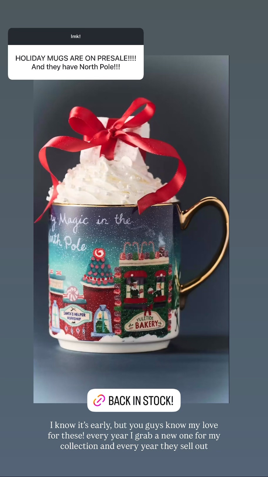 My all time favorite holiday coffee mugs are back in stock! 100% grabbing the North Pole cup to add to my collection