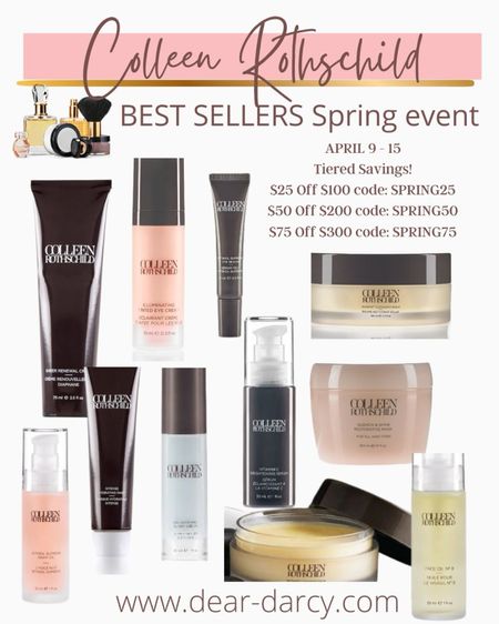 🚨 Promo codes
Colleen Rothschild 

SPRING BEAUTY EVENT
APRIL 9 - 15
Tiered Savings!
$25 Off $100 code: SPRING25
$50 Off $200 code: SPRING50
$75 Off $300 code: SPRING75

My Best Seller’s  and some of my favorite products!

#LTKsalealert #LTKbeauty