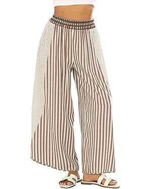 Athlisan Womens Summer Casual Loose Striped Wide Leg Lounge Pants Elastic Waist Palazzo Trousers | Amazon (US)