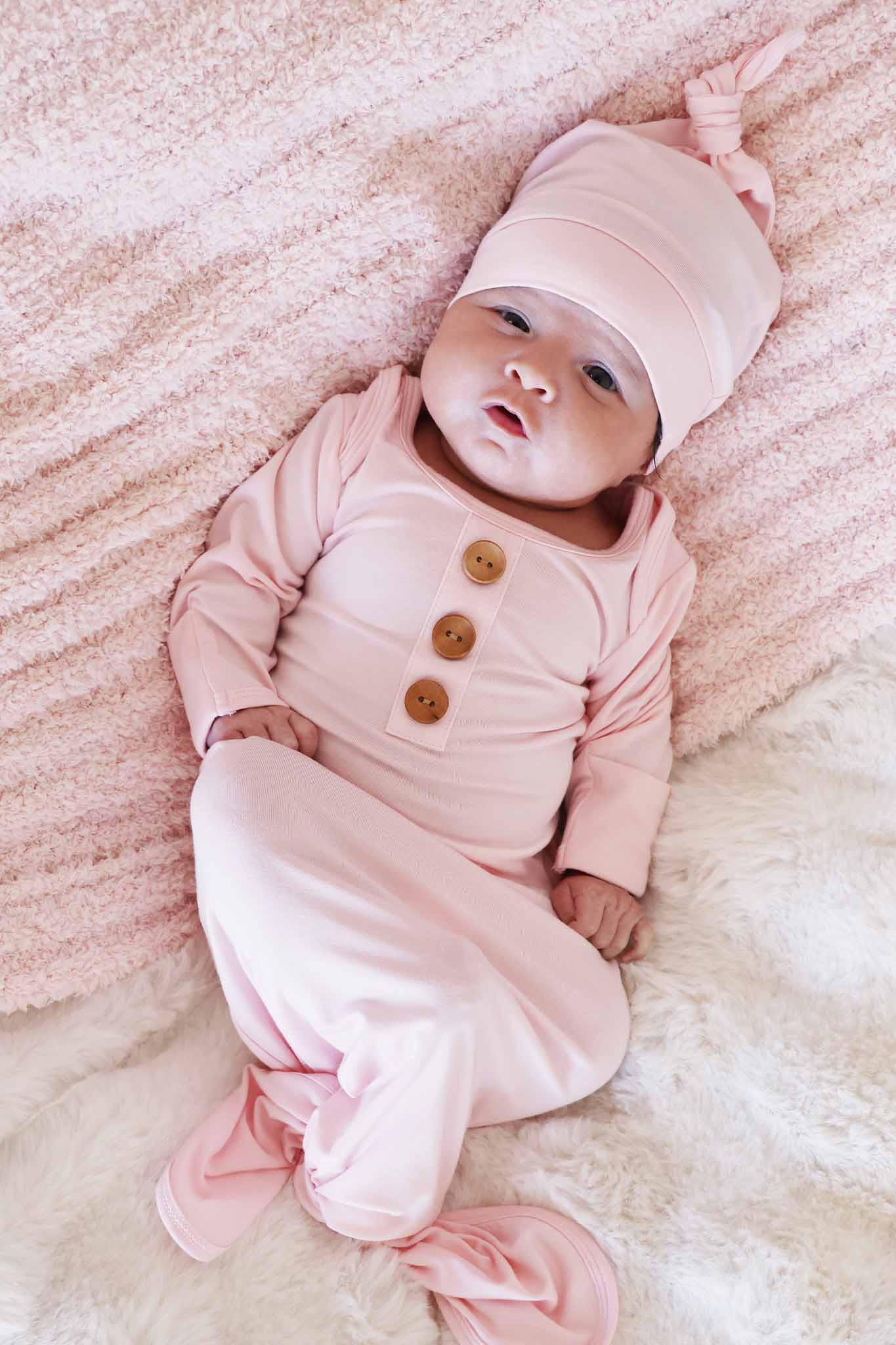 Baby Pink Newborn Baby Knot Gown & Hat Set | Caden Lane
