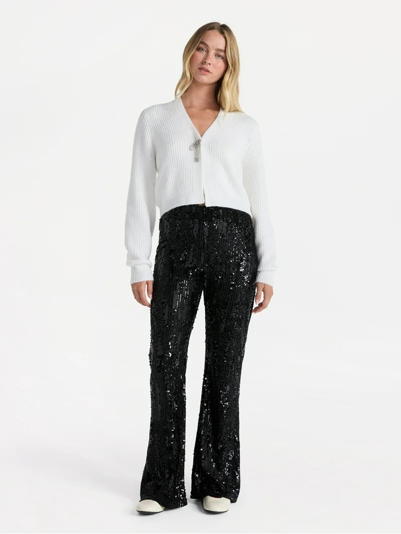 No Boundaries Sequin Flare Pants, Women's and Women's Plus | Walmart (US)