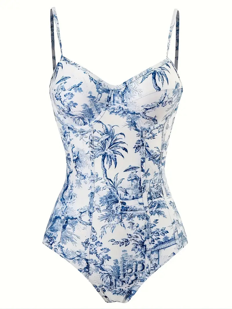 Vintage Blue Chinoiserie Print Push Swimsuits Spaghetti - Temu | Temu Affiliate Program