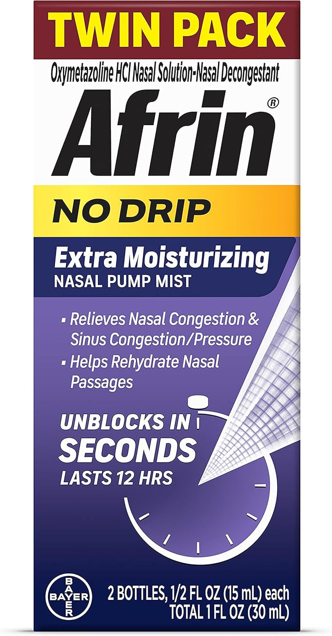 Afrin No Drip Extra Moisturizing Nasal Mist Twin Pack, Non-Drowsy, Fast-Acting Decongestant for S... | Amazon (US)