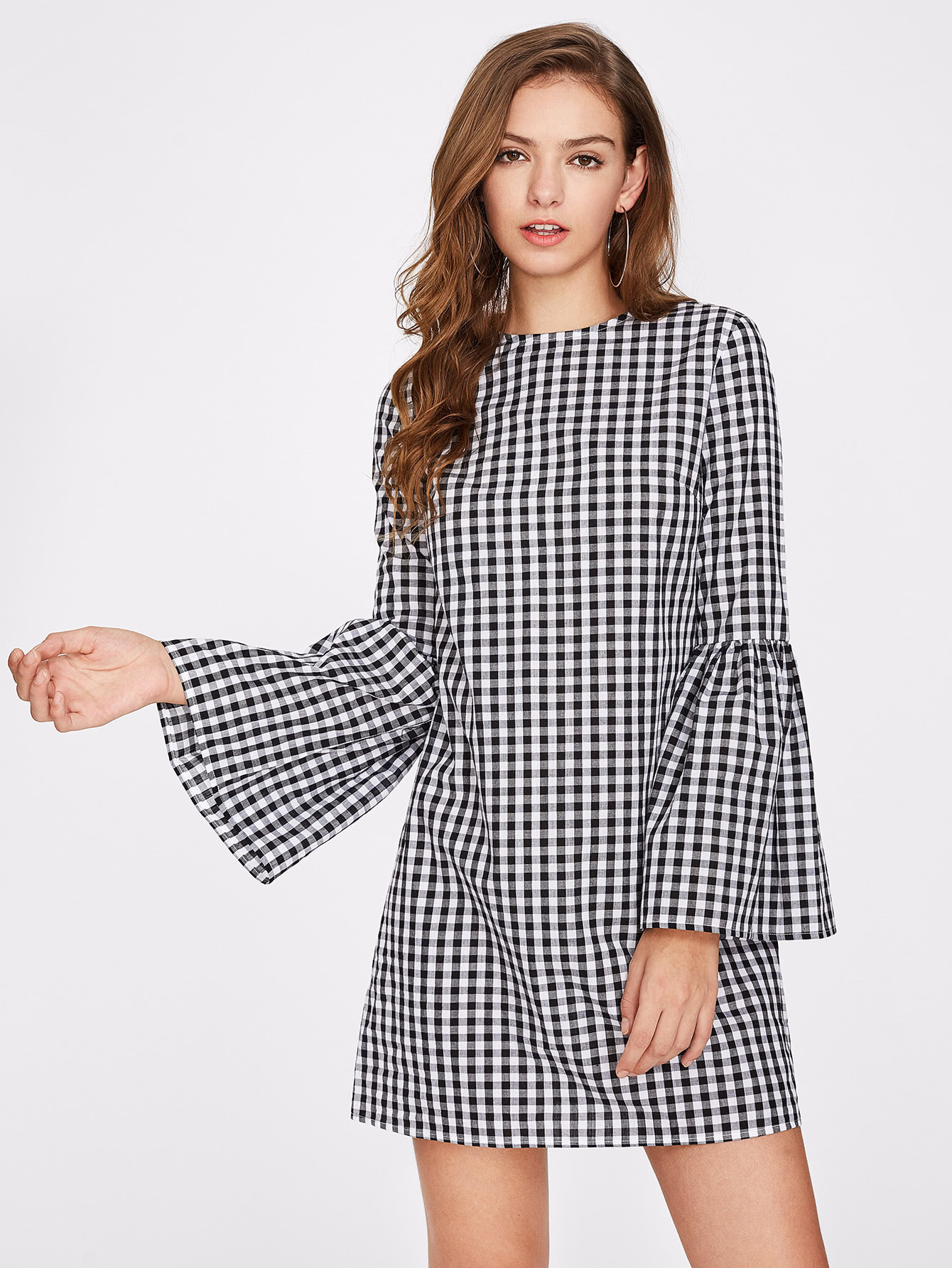 Exaggerate Bell Sleeve Gingham Dress | SHEIN