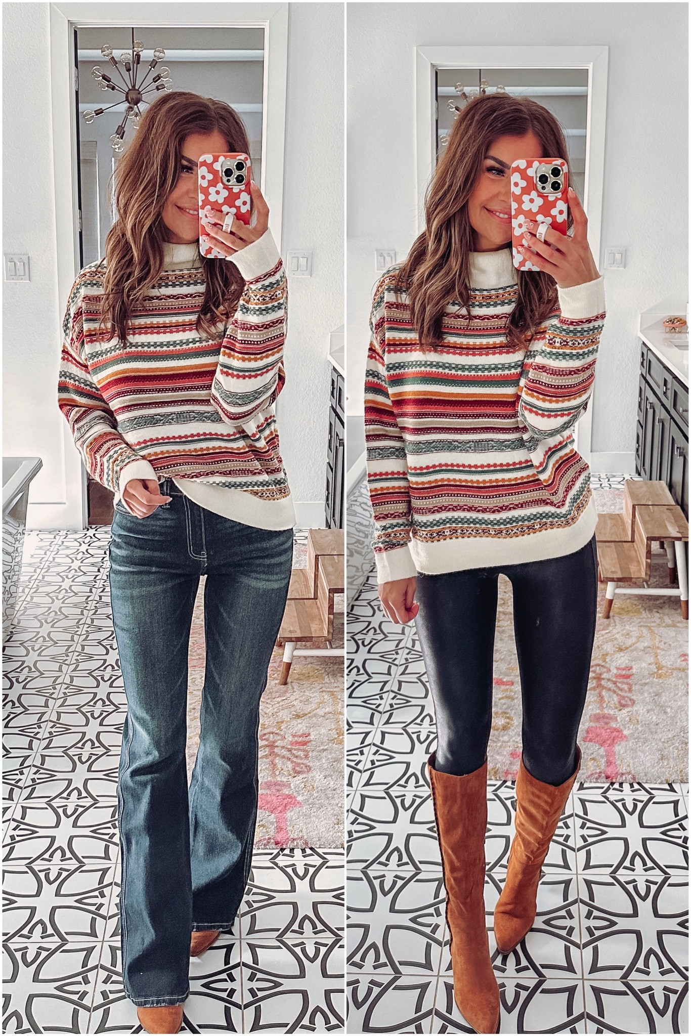 red dress birthday code!! 20% off HBDAMBER20 | size small in this sweater and size 26 in this denim.. leggings are a size small! boots are true to size and beautiful  

#LTKstyletip #LTKHalloween #LTKSeasonal