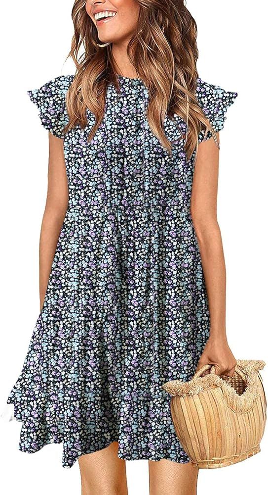 KIRUNDO Women’s Summer Sleeveless Ruffle Sleeve Crew Neck Floral Print Mini Dress Casual Loose ... | Amazon (US)
