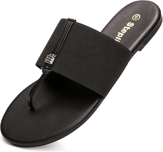 Women's Elastic T-Strap Sandals - Comfortable Slip-On Summer Flats, Stretchy Slide Sandals for Wa... | Amazon (US)