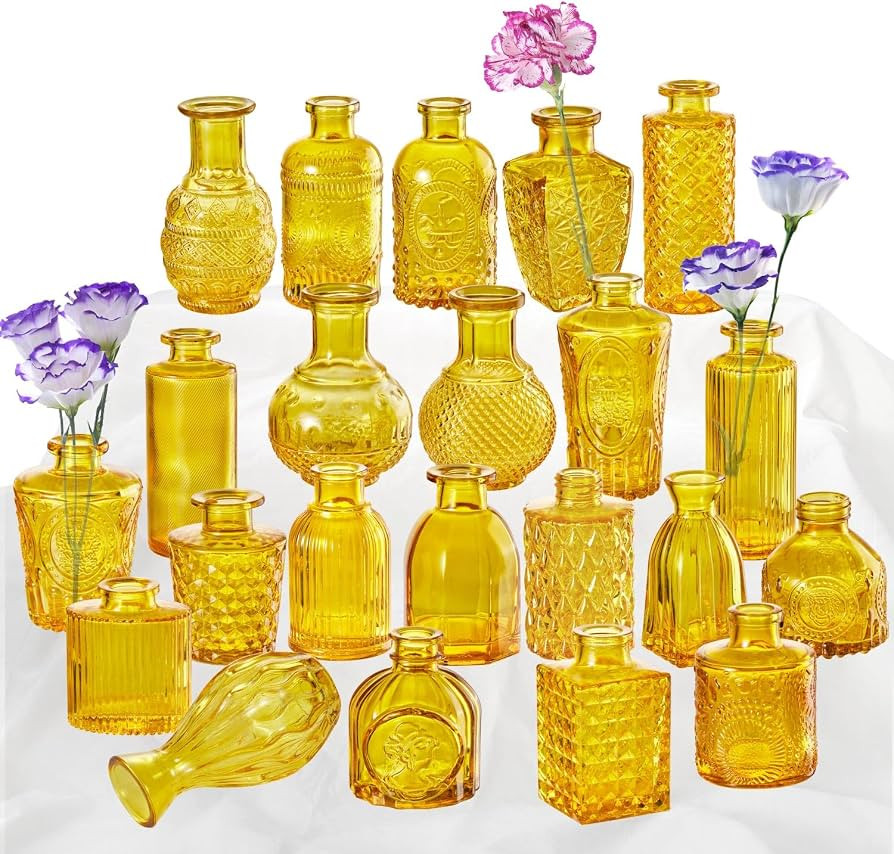 KAMJUNTAR 22PCS Yellow Rustic Glass Bud Vases for Centerpieces Small Glass Vase Set, Great Sturdy... | Amazon (US)