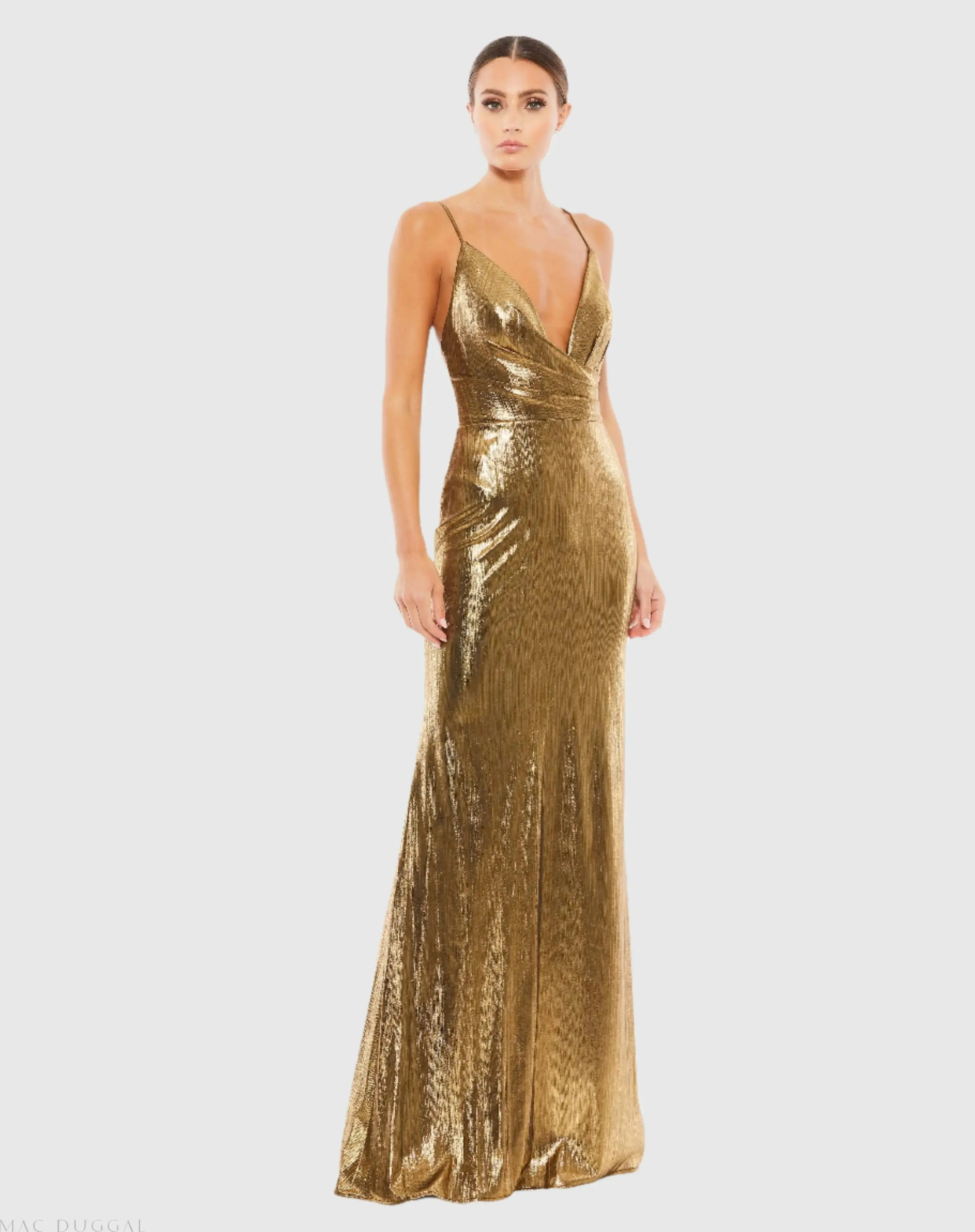 Gold Metallic Faux Wrap Spaghetti Strap Gown - Mac Duggal | Mac Duggal