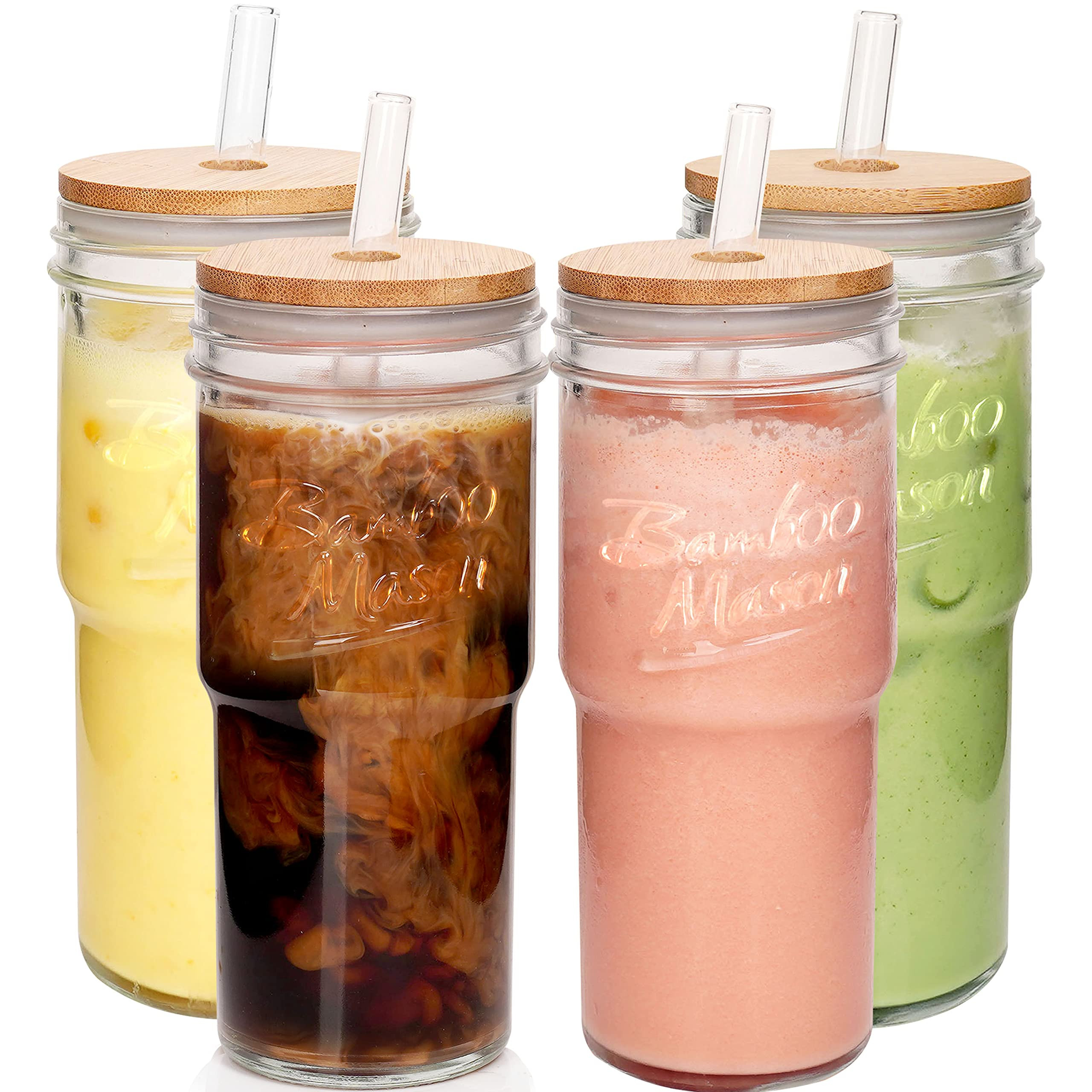 ANOTION Glass Cups with Lids and Straws 4 Packs, 24oz Travel Coffee Mug Bamboo Mason Jar Valentin... | Amazon (US)