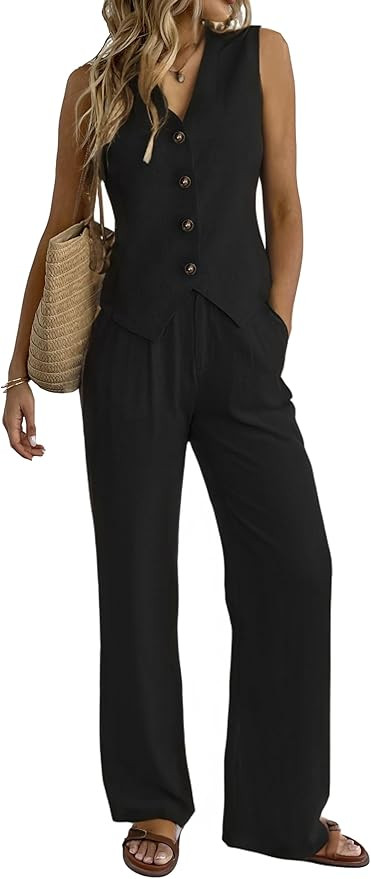 Women's 2 Piece Outfits Linen Vest Waistcoat Dressy Casual Sets Wide Leg Pants Suits | Amazon (US)