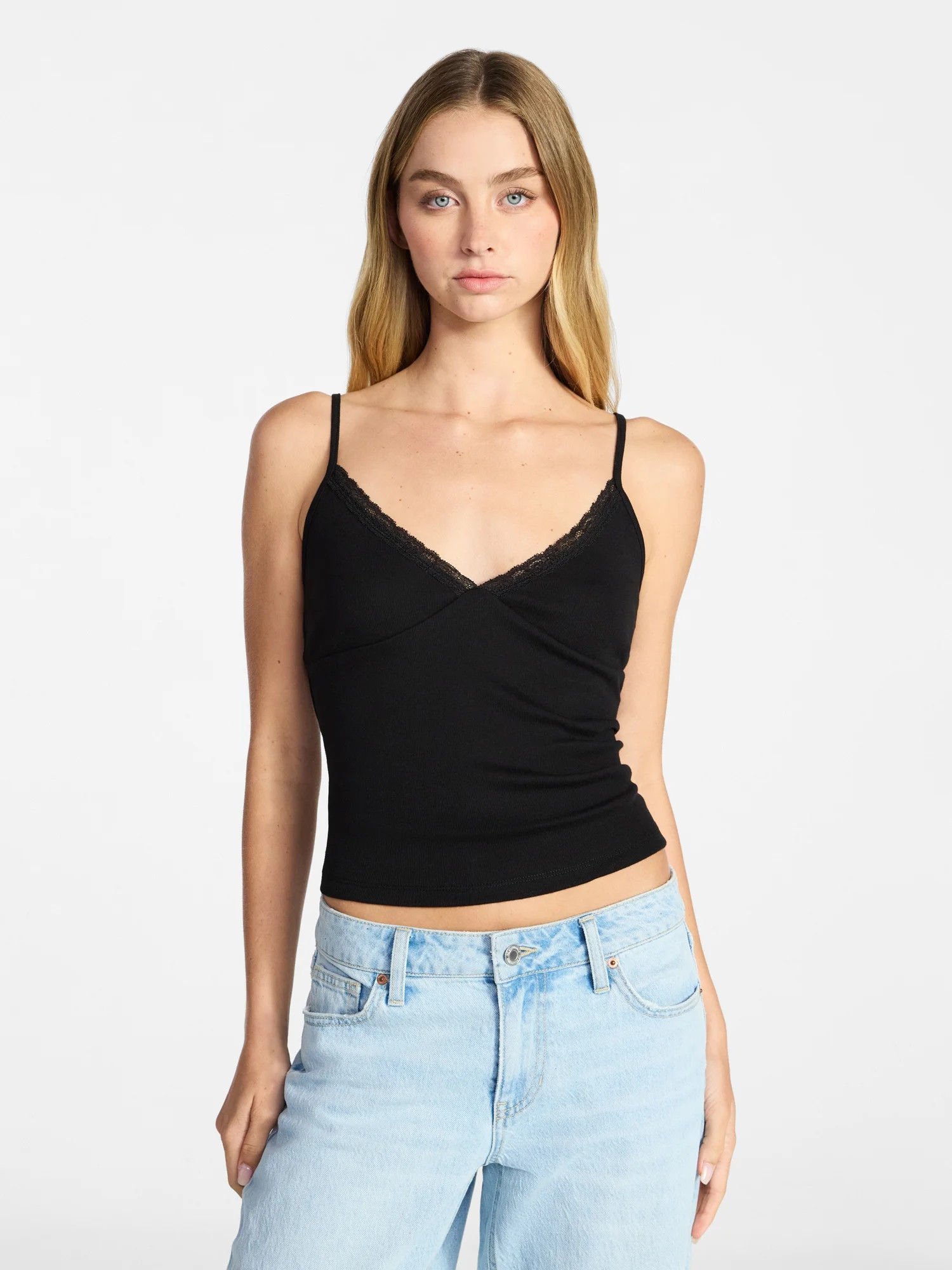 No Boundaries Lace Trim V-Neck Cami, Women’s XXS-XXL | Walmart (US)