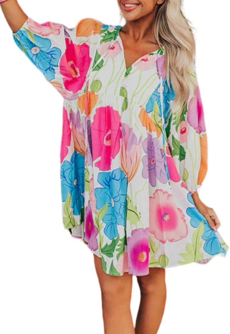 Womens Floral Print Dress Casual V Neck Tassel Tie Half Sleeve Summer Mini Dress | Amazon (US)