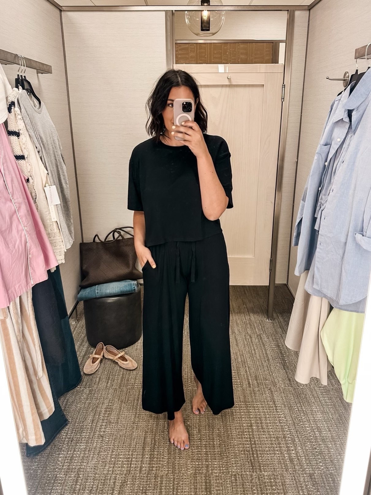 They brought these back from last year! They’re the comfiest set of jersey pjs. This is the medium, true to size fit.