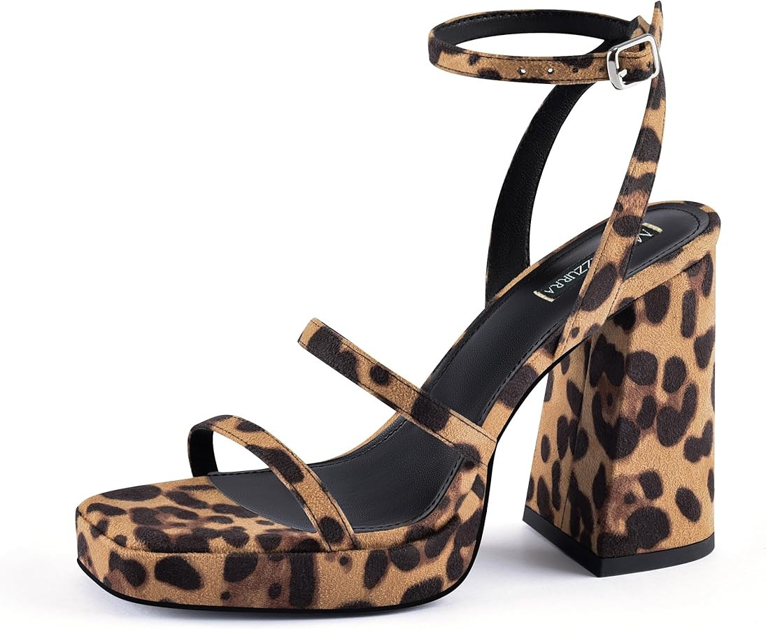 MIRAAZZURRA Platform Strappy Heel Sandals Square Open Toe Two Strap Chunky High Heeled Sandals wi... | Amazon (US)