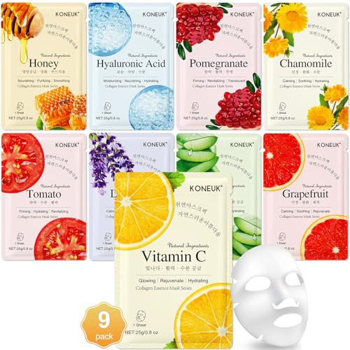 KONEUK 9 Pack Collagen Face Masks Skincare for Women, Hydrating Sheet Face Masks Suitable for All Skin Types, Bulk Facial Masks for Women Skin Care, Face Mask Gifts Set for Spa Party | Amazon (US)