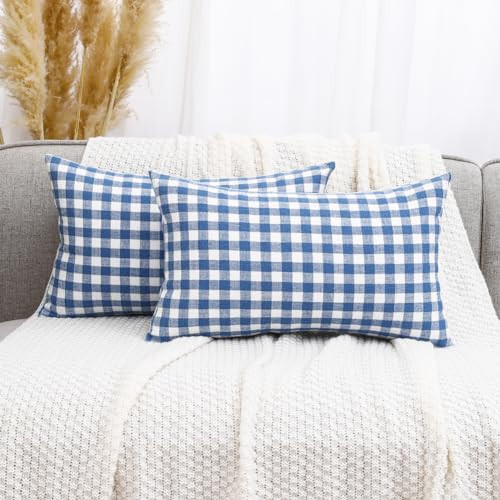 CARRIE HOME Light Blue Farmhouse Plaid Lumbar Pillow Covers 12x20 Set of 2, Blue and White Buffalo Plaid Lumbar Pillows 12 x 20, Blue Outdoor Lumbar Pillows for Patio and Porch | Amazon (US)