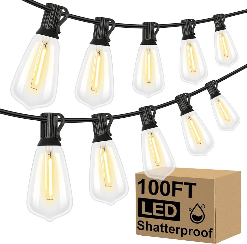Brightever LED Outdoor String Lights 100FT Patio Lights with 52 Shatterproof ST38 Vintage Edison ... | Amazon (US)