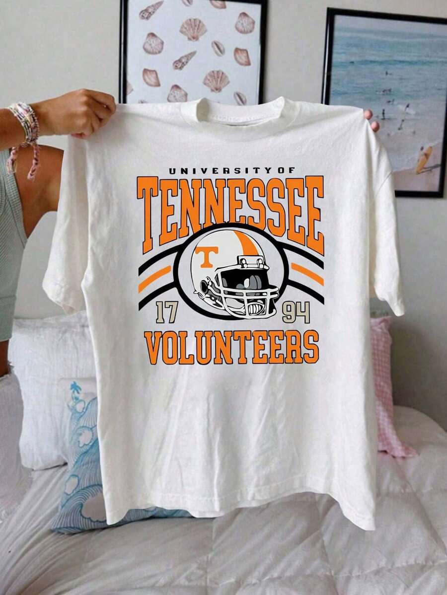 Tennessee Graphic Print T-Shirt, Short Sleeve Crew Neck Casual Top For Summer & Spring, Women's C... | SHEIN