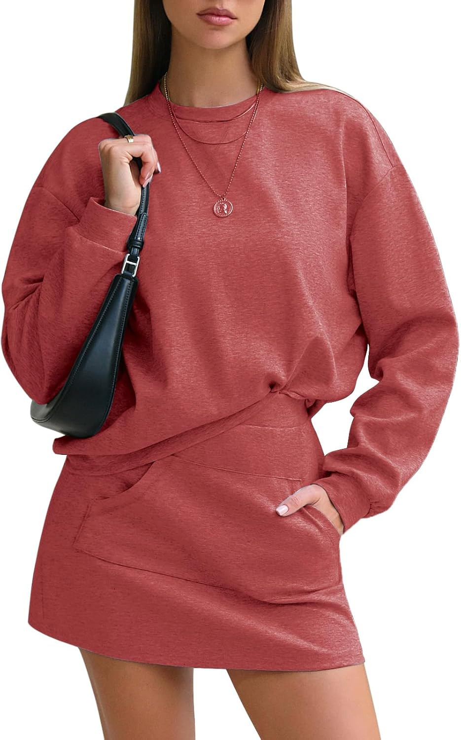 EXLURA Women 2 Piece Skirt Sets Fall Casual Airport Travel Outfit Sweatsuit | Cotton, Long Sleeve Crewneck Sweatshirts, Elastic Waist Skorts Built in short, Pockets, Workout, Tennis, Athletic, Loungewear | Amazon (US)