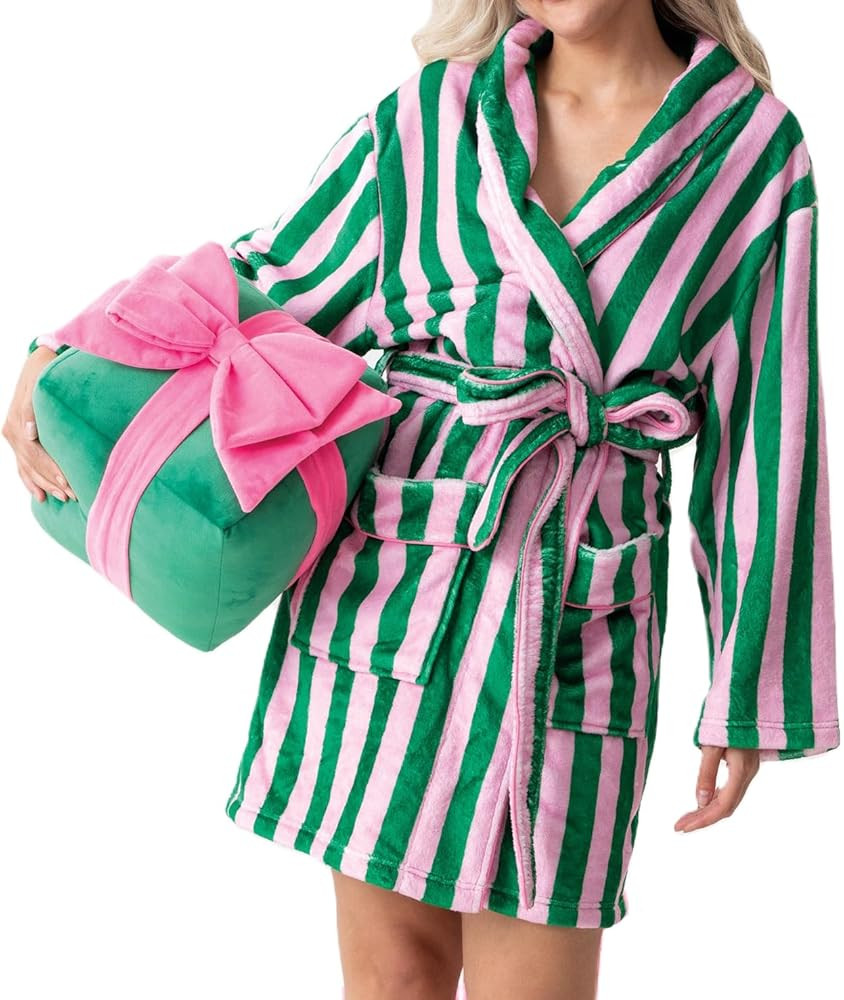 Women's Striped Fleece Robe Fuzzy Y2K Printed Long Sleeve Shawl Collar Bath Robe Cute Plush Warm ... | Amazon (US)