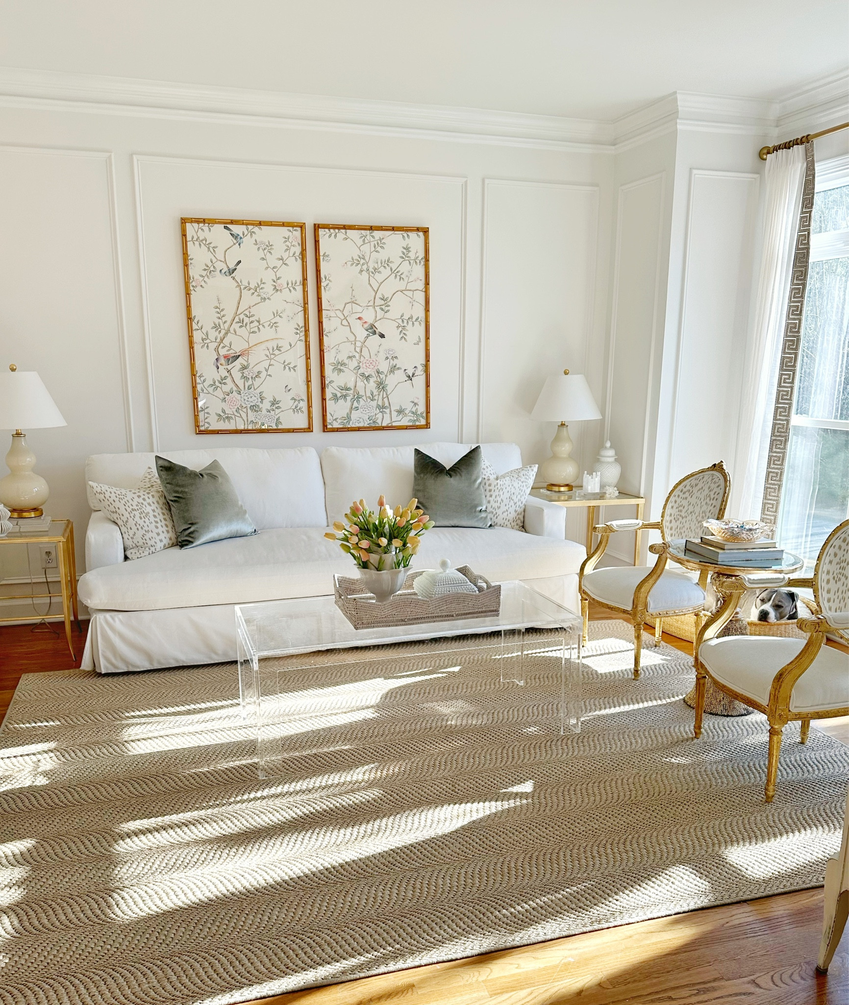 Chinoiserie hand painted wall panels, Greek key amazon curtains, custom drapes, designer, acrylic coffee table, sisal area rug, Ballard, Etsy, gourd table lamp, gold, glam, accent, end table, velvet throw pillows, 

#LTKFind #LTKhome