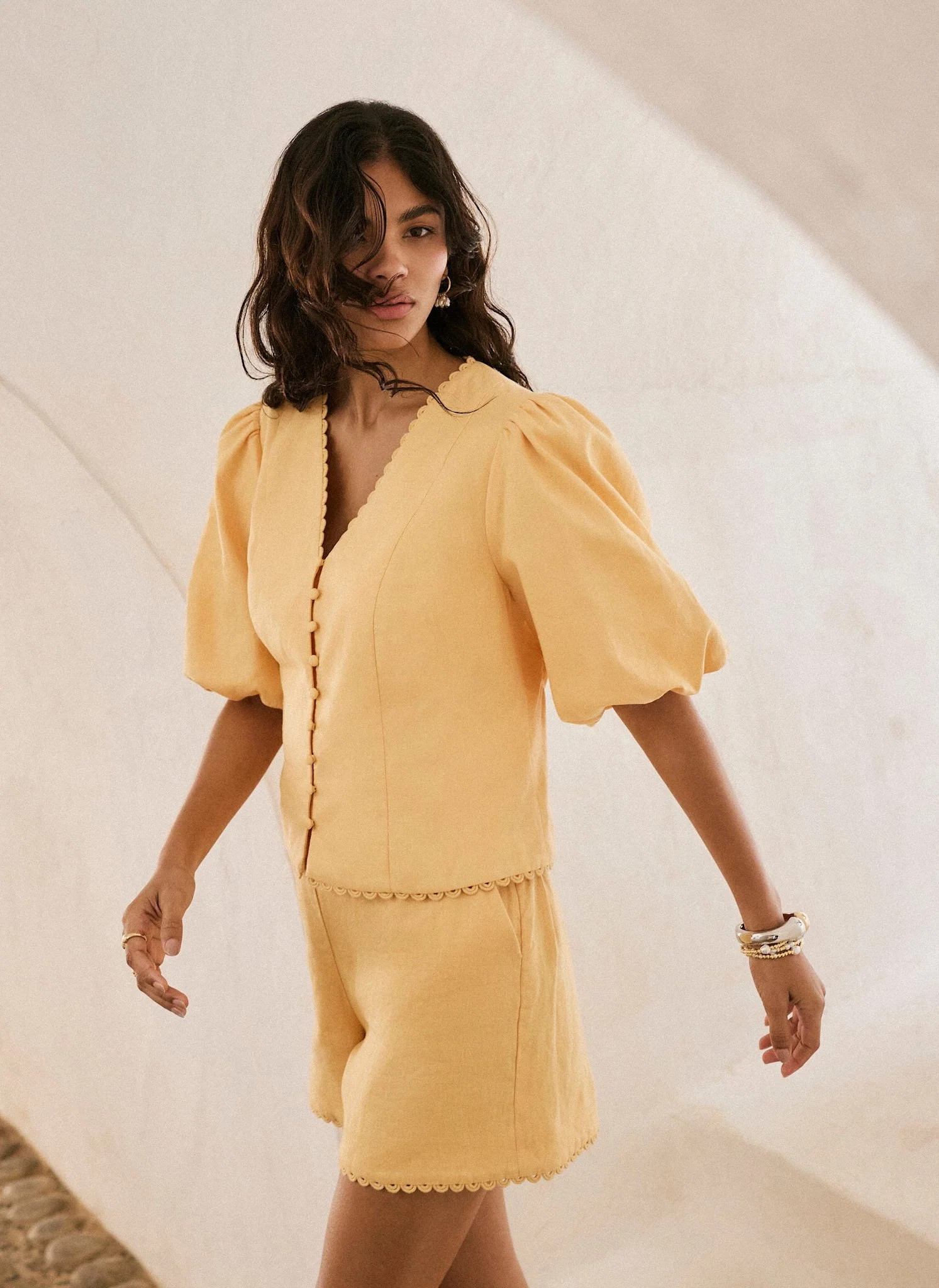 Yellow Linen Puff Sleeve Top | Mint Velvet