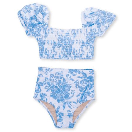 Blue Bouquet High Waist Smocked Girls Bikini 2-10 | Shade Critters