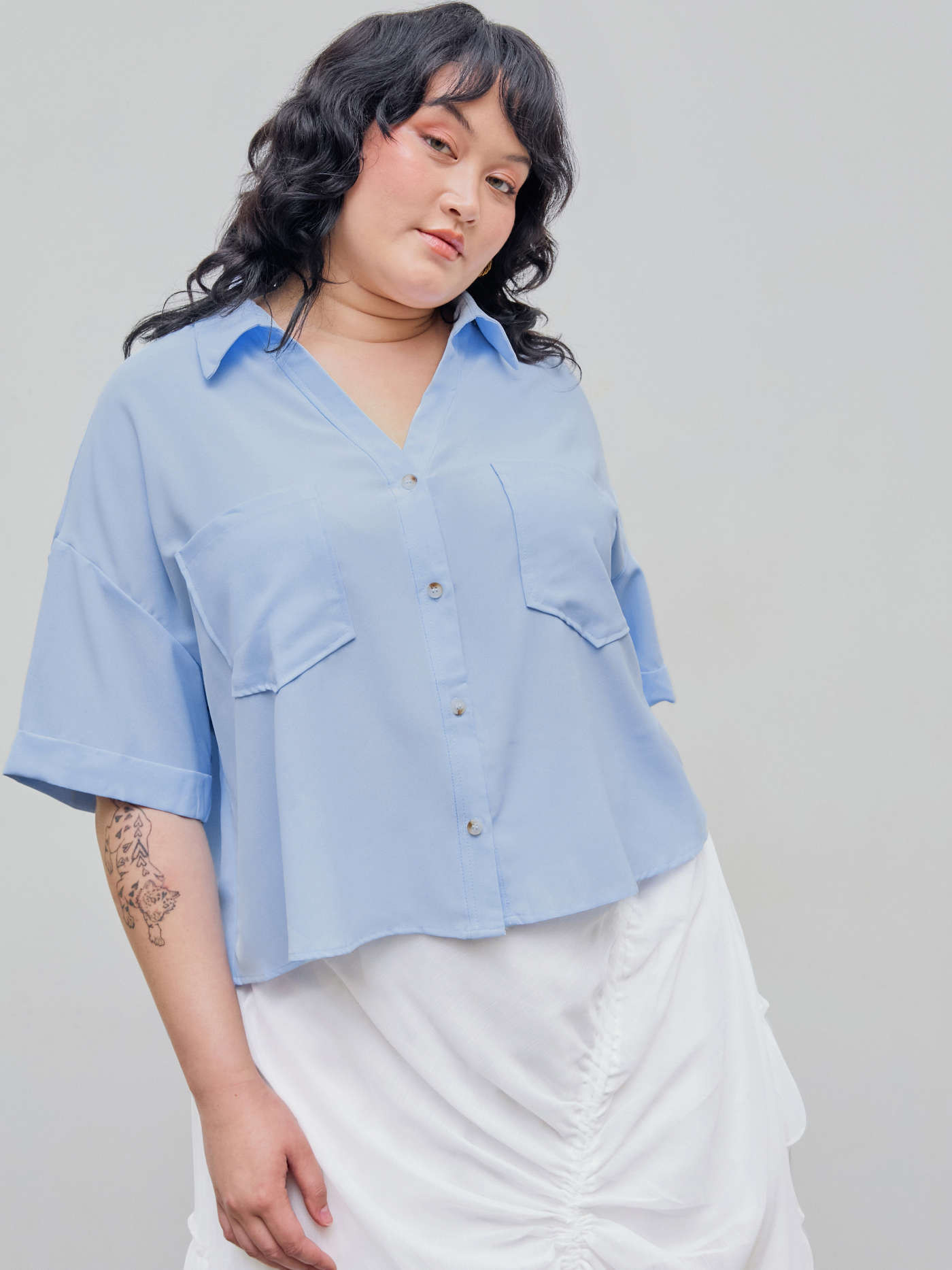 Woven Collar Pocket Short Sleeve Blouse Curve & Plus For School Daily Casual | Cider