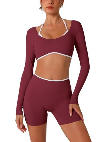 ABOCIW Two Piece Workout Sets for Women Hidden Scrunch Hip Lifting Seamless Gym Shorts Backless Long Sleeve Yoga Crop Tops Burgendy Red X-Small | Amazon (US)