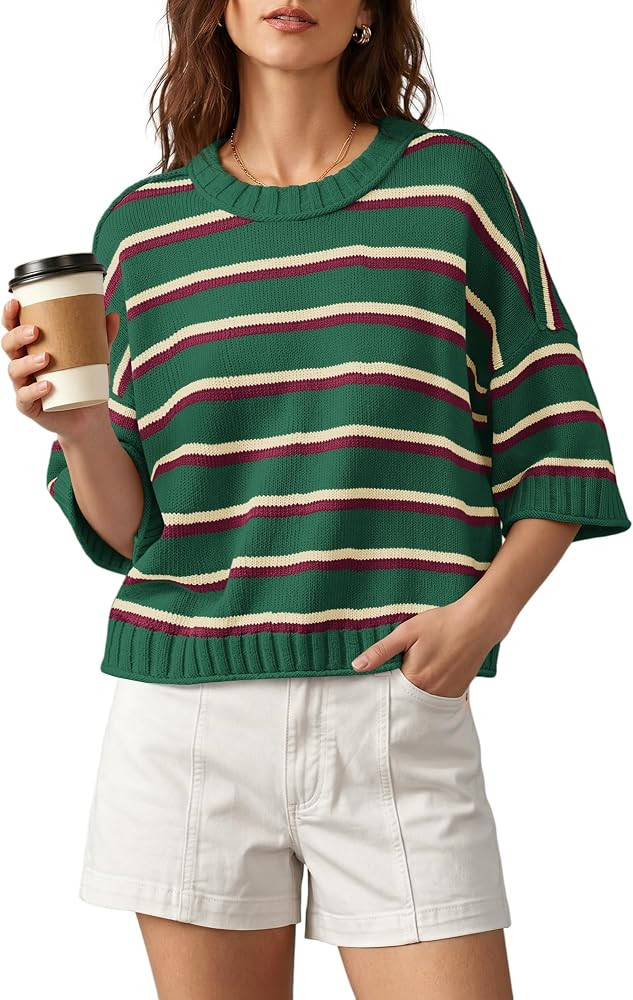 Nirovien Womens Short Sleeve Striped Sweater Crewneck Knitted Fall Sweaters | Amazon (US)