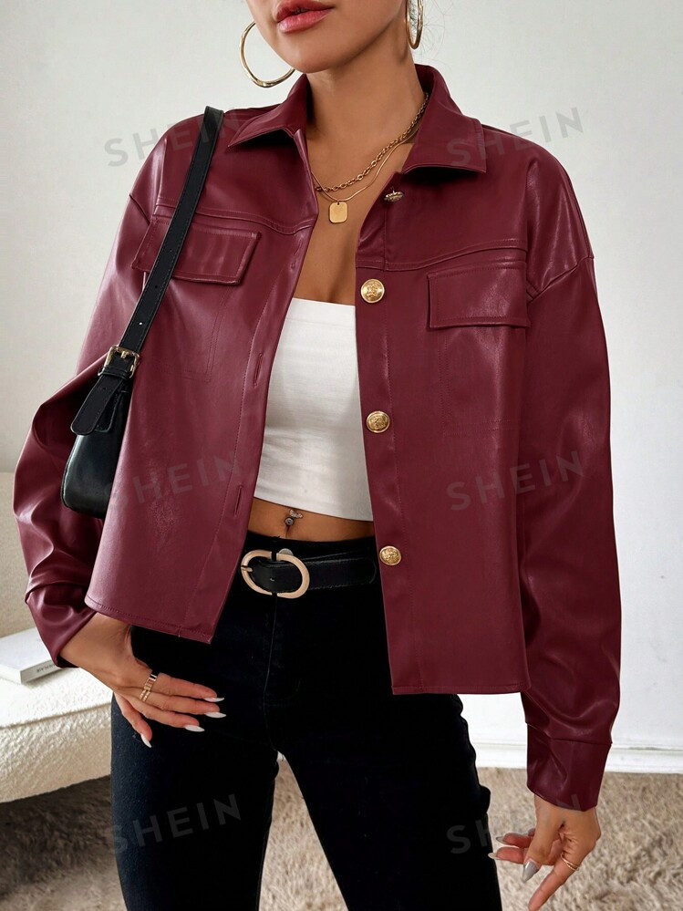 TrendsSHEIN Essnce Women's Plain PU Leather Drop Shoulder Long Sleeve Short Jacket, Autumn/Winter | SHEIN