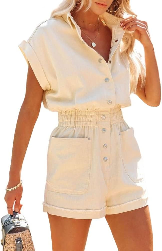 chouyatou Women's Short Cuffed Sleeve Utility Rompers Elastic Waist Button Down Cotton Pocketed J... | Amazon (US)