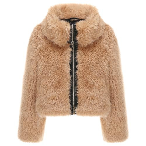 F·Y·YIYI Women Faux Fur Jacket Zip Up Large Turn-Down Collar for Short Jackets Fall and Winter Warm Fluffy Cardigan Coat (US, Alpha, Small, Regular, Regular, Brown) | Amazon (US)