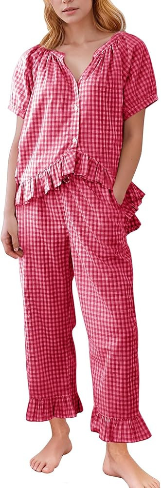 Flygo Womens Plaid 2 Piece Pajamas Sets Gingham Button Down Puff Sleeve Babydoll Shirt Ruffle Pan... | Amazon (US)