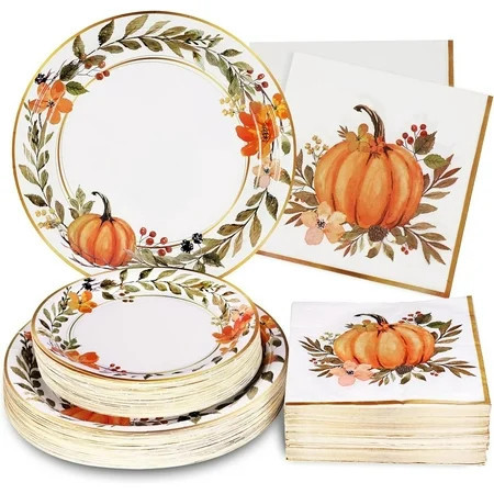 DAZLUTE 200Pcs Thanksgiving Paper Plates and Napkins,Fall Pumpkin Paper Plates Party Supply,Harvest Party Paper Plates for Thanksgiving Dinnerware Set | Walmart (US)